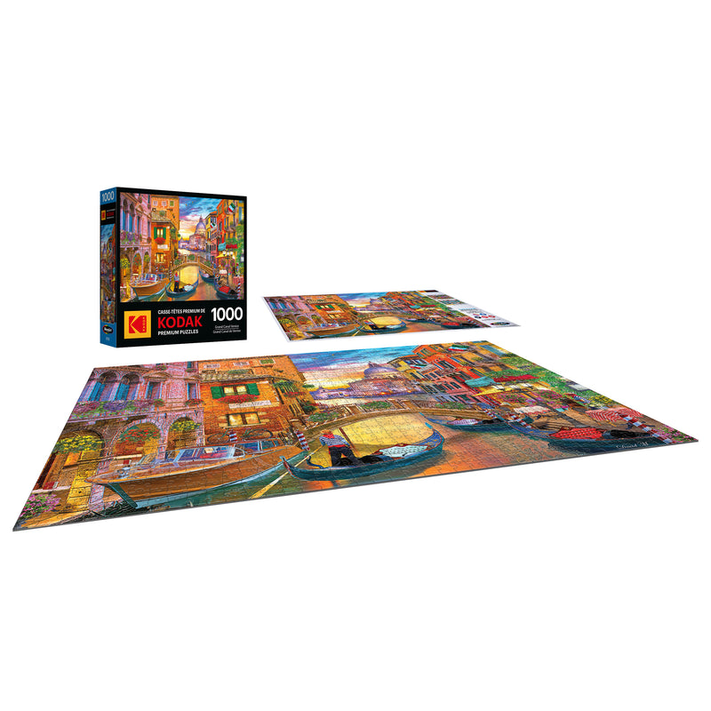 Immerse yourself in Venice's beauty with the ROSEART - KODAK PREMIUM 1000-piece jigsaw puzzle, capturing a vibrant Grand Canal scene with gondolas and stunning architecture. Complete the partially finished puzzle to reveal the full image, just like on the box.