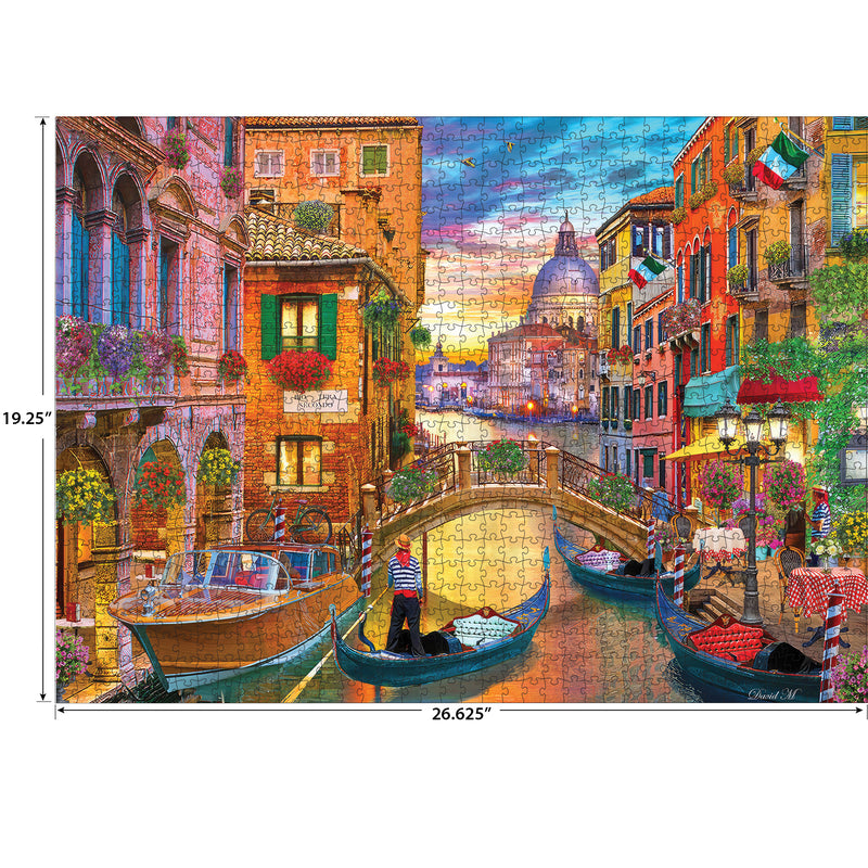 Discover Venice's Grand Canal with the ROSEART Kodak Premium 1000-piece jigsaw puzzle, featuring gondolas, vibrant architecture, and flowers under a stunning sunset sky.