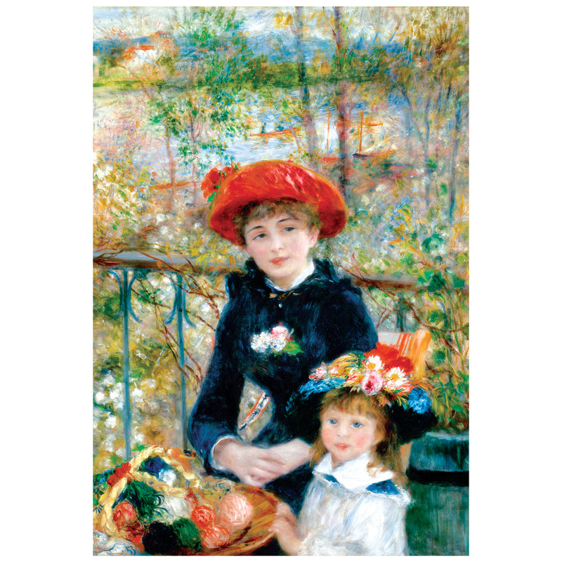 A woman and child in flowered hats sit by a balcony with colorful yarn and the ROSEART KODAK MASTERS "The Two Sisters on the Terrace" 2000-piece jigsaw puzzle, set against a garden background.
