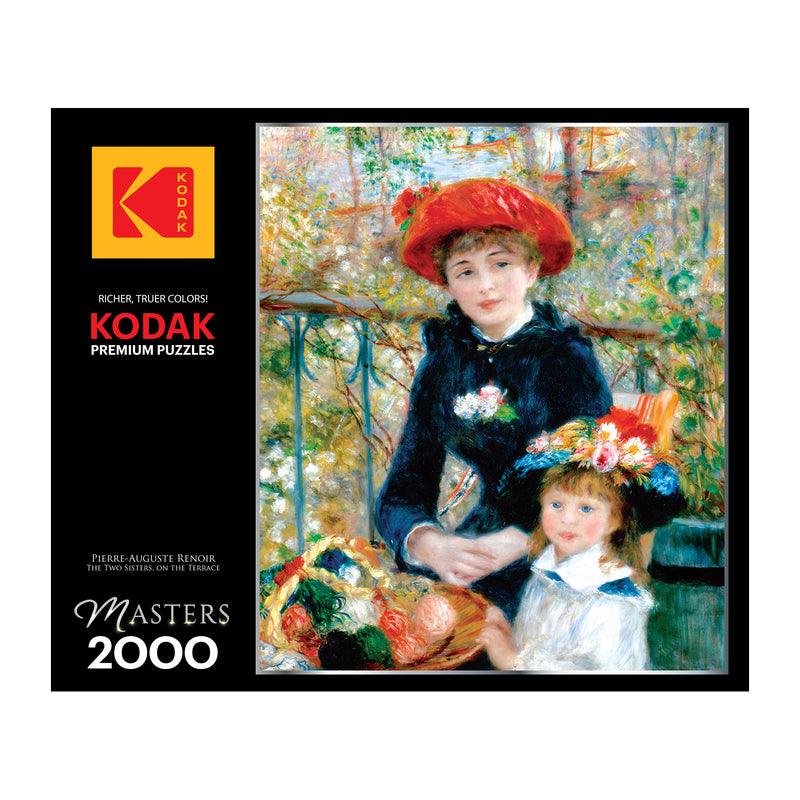 Experience Renoir's art with the Kodak Masters 2000 piece puzzle, "The Two Sisters (On the Terrace)." Enjoy vivid imagery of two women in a floral setting. The puzzle features the distinctive Kodak Premium Puzzles and "Masters 2000" marking.