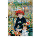 The ROSEART - KODAK MASTERS puzzle, "The Two Sisters on the Terrace," features a seated woman in a red hat and a girl amidst lush greenery. With 2000 pieces, it measures 38x26 inches and offers hours of fun for puzzle enthusiasts.