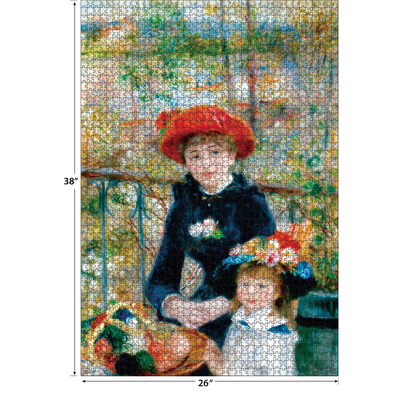 The ROSEART - KODAK MASTERS puzzle, "The Two Sisters on the Terrace," features a seated woman in a red hat and a girl amidst lush greenery. With 2000 pieces, it measures 38x26 inches and offers hours of fun for puzzle enthusiasts.