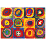 This abstract artwork resembles vibrant jigsaw puzzle squares in bold colors like red, blue, yellow, and green arranged in a 3x4 grid.