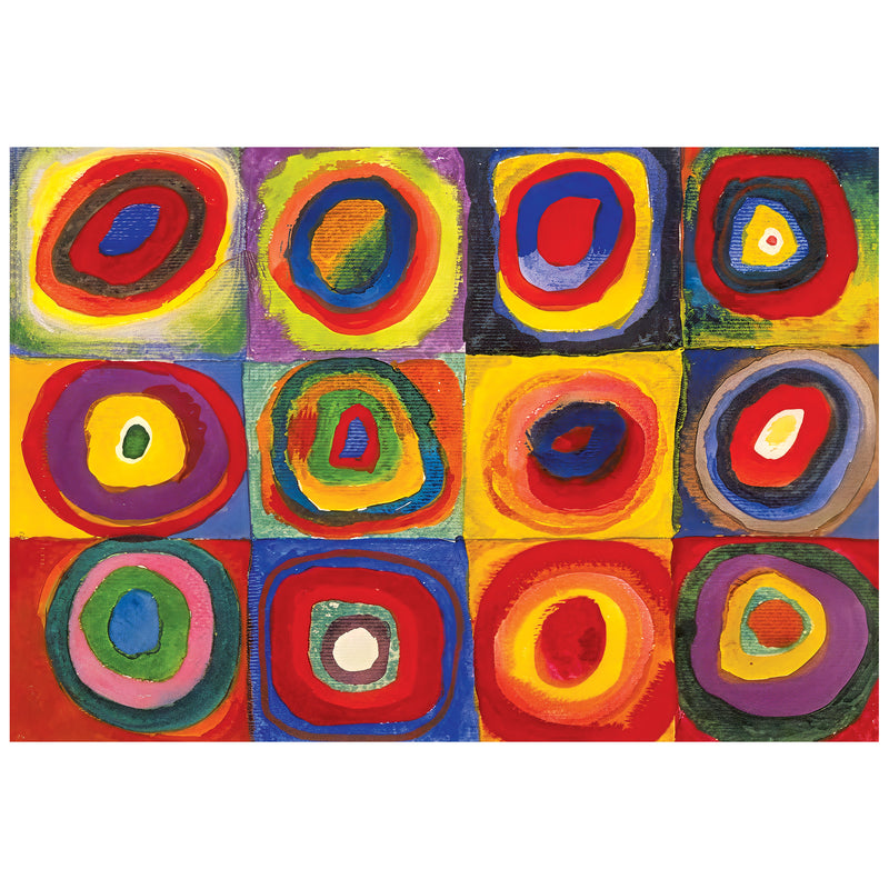 This abstract artwork resembles vibrant jigsaw puzzle squares in bold colors like red, blue, yellow, and green arranged in a 3x4 grid.
