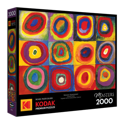 Explore the 2000-piece ROSEART - KODAK MASTERS jigsaw puzzle featuring Wassily Kandinsky's "Color Study, Squares with Concentric Circles." The colorful circles on a black background offer art and challenge for puzzle lovers.
