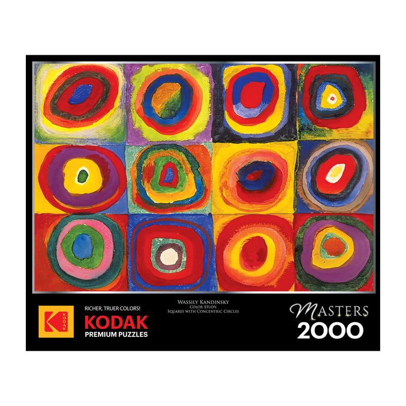 Explore the ROSEART - KODAK MASTERS "Color Study, Squares with Concentric Circles" 2000 piece jigsaw puzzle, featuring Wassily Kandinsky's vibrant circle patterns—perfect for art enthusiasts.