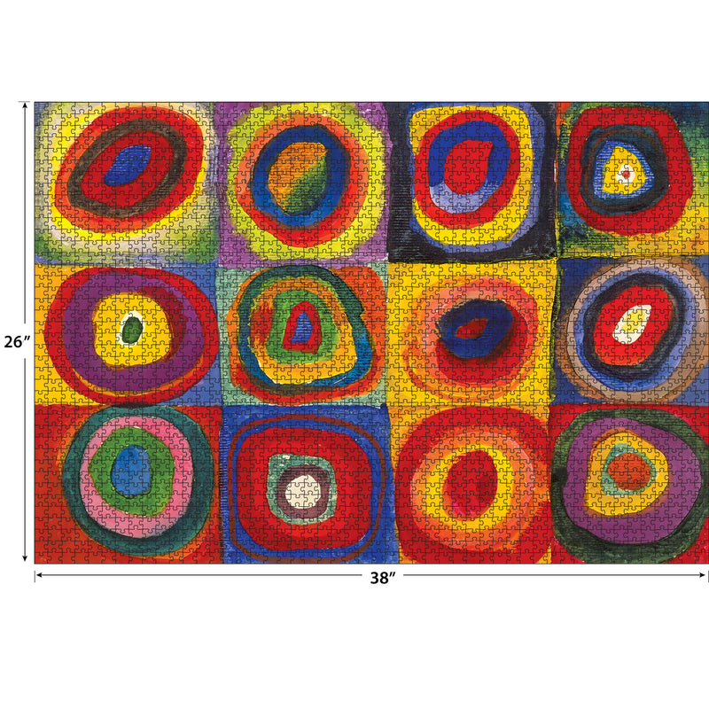 This rectangular KODAK MASTERS 2000-piece jigsaw puzzle, titled "Color Study, Squares with Concentric Circles," features 12 vibrant circles in a stunning 4x3 grid.