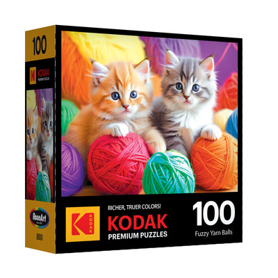 The ROSEART Kodak Premium "Fuzzy Yarn Balls" 100-piece jigsaw puzzle features two kittens among yarn balls.