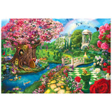 Discover a vibrant fantasy spring garden scene, complete with a treehouse, colorful flowers, and stream crossed by a white bridge in the 2000-piece jigsaw puzzle ROSEART - KODAK PREMIUM - SPRING GARDEN. The lush landscape dazzles with butterflies and animals beneath a blue sky.