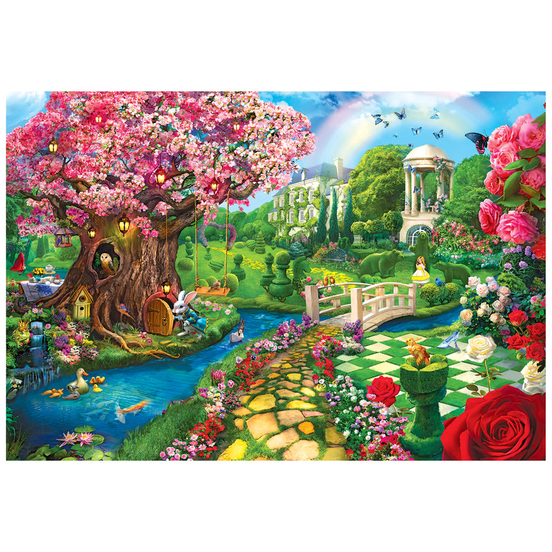 Discover a vibrant fantasy spring garden scene, complete with a treehouse, colorful flowers, and stream crossed by a white bridge in the 2000-piece jigsaw puzzle ROSEART - KODAK PREMIUM - SPRING GARDEN. The lush landscape dazzles with butterflies and animals beneath a blue sky.