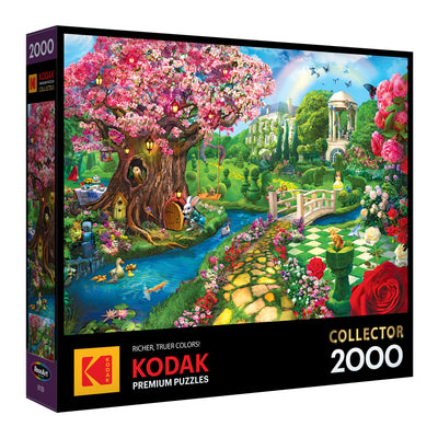 The ROSEART Kodak Premium "Spring Garden" 2000-piece jigsaw puzzle box shows a vibrant fantasy garden with a treehouse, flowers, rainbow, and ornate bridge for hours of colorful entertainment.