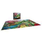 Explore the ROSEART - KODAK PREMIUM - SPRING GARDEN 2000-piece jigsaw puzzle, featuring a vibrant fantasy landscape with a treehouse, pond, and garden path. The box displays proudly beside the completed masterpiece, inviting creativity and challenge.
