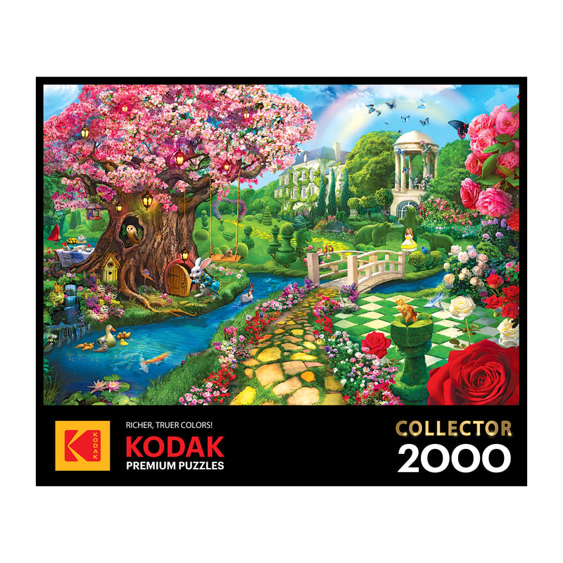 Discover the ROSEART - KODAK PREMIUM SPRING GARDEN 2000-piece jigsaw puzzle, showcasing a vibrant fantasy garden with an enchanting pink blossom tree, a bridge, lush greenery, and a rainbow.