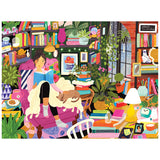 A person relaxes in a charming reading nook, immersed in a book on a chair with a cat beside them. Surrounded by books and plants, the starry night glows through the window as colorful decorations add to the cozy ambiance, captured perfectly in the ROSEART - MY HAPPY PLACE - READING NOOK puzzle.