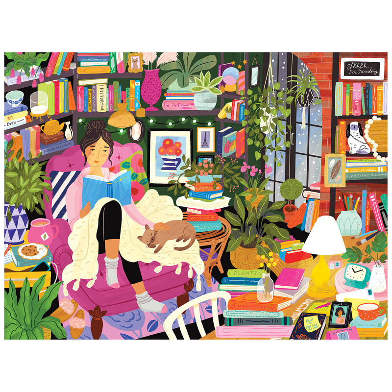 A person relaxes in a charming reading nook, immersed in a book on a chair with a cat beside them. Surrounded by books and plants, the starry night glows through the window as colorful decorations add to the cozy ambiance, captured perfectly in the ROSEART - MY HAPPY PLACE - READING NOOK puzzle.