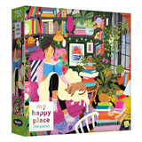 Dive into tranquility with the RoseArt My Happy Place Reading Nook Puzzle. This 750-piece jigsaw illustrates a cozy scene of a woman reading among plants, books, and a sleeping cat—perfect for your escape to comfort!.