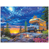 On a hilltop, a camper van under the stars feels like ROSEART's "My Happy Place - Camper Night" 750-piece jigsaw puzzle. Two people sit on the roof, with a crackling campfire nearby and an owl perched on a branch, framed by distant mountains forming nature's perfect backdrop.