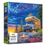 Explore the captivating charm of the ROSEART - MY HAPPY PLACE - CAMPER NIGHT jigsaw puzzle, featuring 750 pieces that depict an RV in a forest at twilight under a starry sky, where two people sit on the camper, enjoying the tranquil scene.