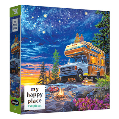 Explore the captivating charm of the ROSEART - MY HAPPY PLACE - CAMPER NIGHT jigsaw puzzle, featuring 750 pieces that depict an RV in a forest at twilight under a starry sky, where two people sit on the camper, enjoying the tranquil scene.