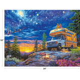 The ROSEART 750-piece jigsaw puzzle, "MY HAPPY PLACE - CAMPER NIGHT," depicts a tranquil evening scene with a couple on their camper, embraced by trees and a glowing campfire beneath a starry forest sky.