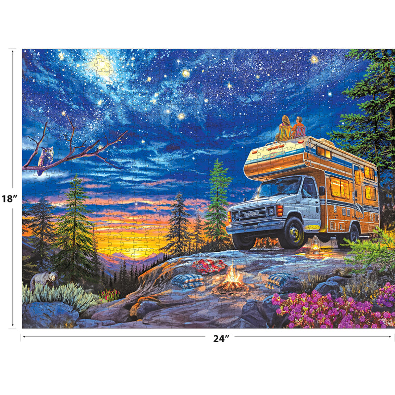 The ROSEART 750-piece jigsaw puzzle, "MY HAPPY PLACE - CAMPER NIGHT," depicts a tranquil evening scene with a couple on their camper, embraced by trees and a glowing campfire beneath a starry forest sky.