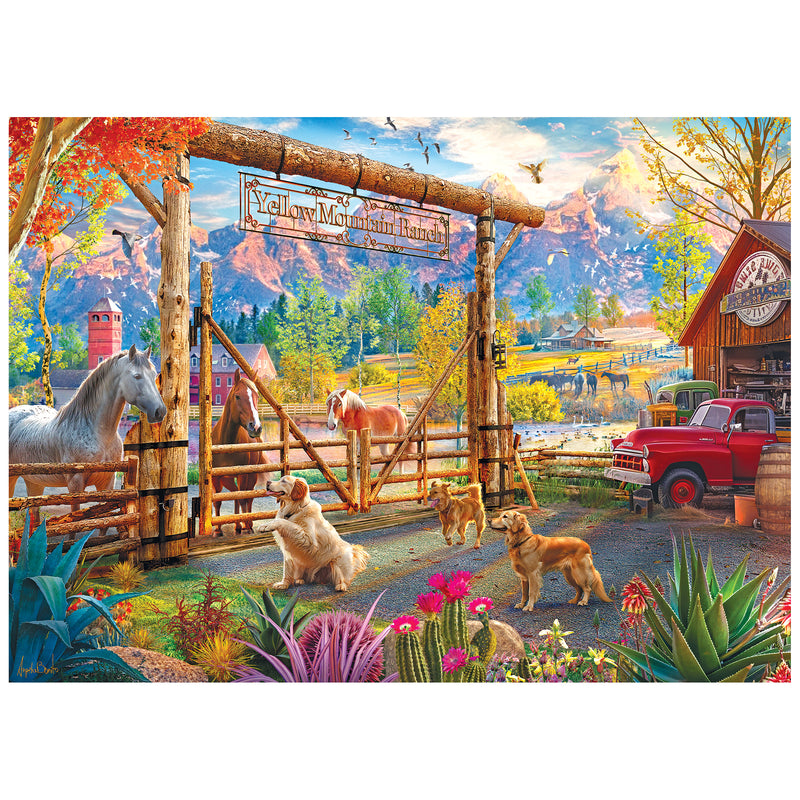 The ROSEART Kodak Premium Ranch Pickup 1000 Piece Jigsaw Puzzle features a picturesque scene with horses behind a wooden gate, dogs upfront, and a red pickup beside a barn, all set against colorful autumn mountains.