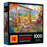 Explore the ROSEART Kodak Premium "Ranch Pickup" 1000-piece jigsaw puzzle, depicting a charming country ranch with animals, a vintage red truck, and majestic mountains. This puzzle offers quality and vibrant imagery from the Kodak Premium collection.