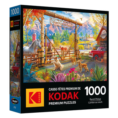 Explore the ROSEART Kodak Premium "Ranch Pickup" 1000-piece jigsaw puzzle, depicting a charming country ranch with animals, a vintage red truck, and majestic mountains. This puzzle offers quality and vibrant imagery from the Kodak Premium collection.
