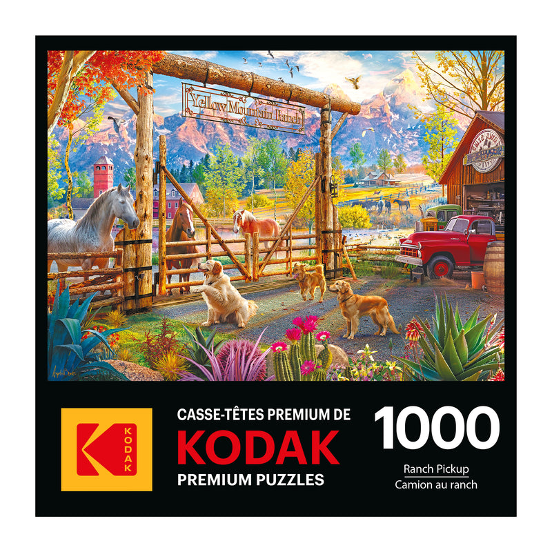 The ROSEART - KODAK PREMIUM jigsaw puzzle features a ranch scene with horses, dogs, and a pickup under a mountain backdrop. Labeled "Yellow Mountain Ranch," it contains 1000 pieces.