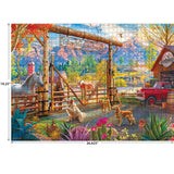 Discover rural charm with the ROSEART - KODAK PREMIUM 1000-piece jigsaw puzzle, featuring a lively farm scene with a red ranch pickup and animals by the "Yellow Mountain Trail" gate, set against majestic mountains and a serene river.