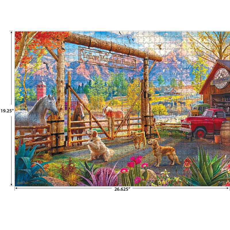Discover rural charm with the ROSEART - KODAK PREMIUM 1000-piece jigsaw puzzle, featuring a lively farm scene with a red ranch pickup and animals by the "Yellow Mountain Trail" gate, set against majestic mountains and a serene river.