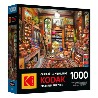 The ROSEART Kodak Premium jigsaw puzzle features a vivid 1000-piece image of a vintage haberdashery, brimming with various fabrics, hats, and accessories set against an intricately designed interior.
