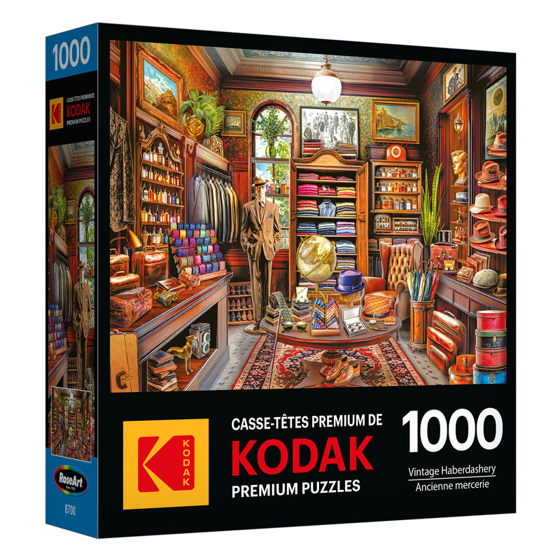 The ROSEART Kodak Premium jigsaw puzzle features a vivid 1000-piece image of a vintage haberdashery, brimming with various fabrics, hats, and accessories set against an intricately designed interior.