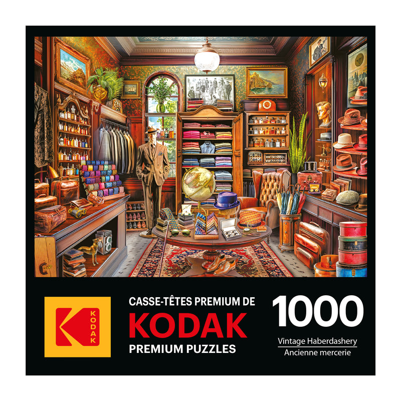 The ROSEART KODAK PREMIUM 1000-piece jigsaw puzzle features a vintage haberdashery filled with clothing, hats, shoes, and accessories.