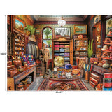 The ROSEART KODAK PREMIUM 1000 PIECE JIGSAW PUZZLE features a vintage haberdashery interior with rich wood tones, intricate decor, shelves of clothes, hats, ties, accessories, a globe, potted plant and distinguished suit display.
