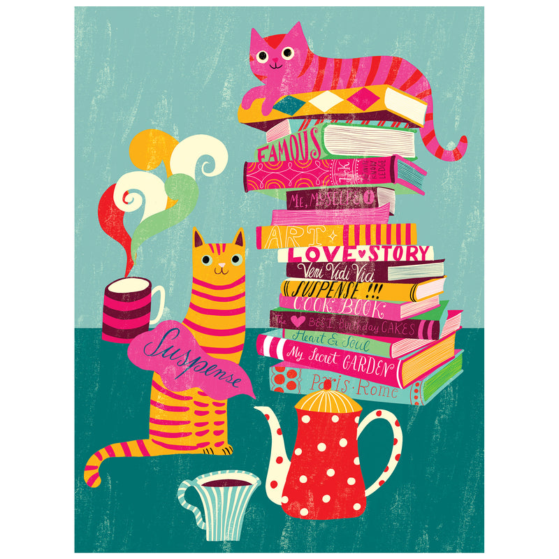 ROSEART - DOUBLE SIDED - COZY CATS 500 PIECE JIGSAW PUZZLE features two cats with a stack of books, two mugs, and a polka dot teapot on a teal background; steam curls up from the mugs in this charming scene.