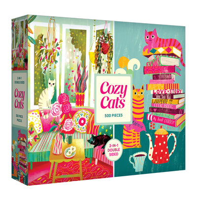 The ROSEART Double Sided Cozy Cats 500 Piece Jigsaw Puzzle features vibrant illustrations of cats, books, plants, and a teapot in a cozy room setting.