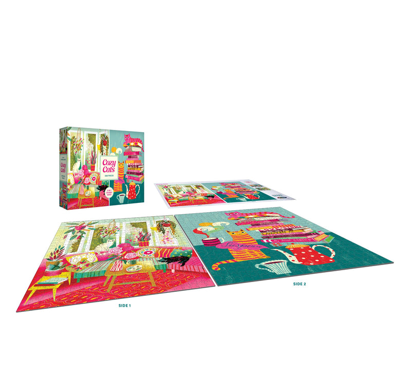 ROSEART Double Sided Cozy Cats 500 Piece Jigsaw Puzzle is displayed in its box with both completed sides, each featuring vibrant, colorful, and intricate cat designs.