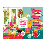 Colorful living room illustration with cozy cats, flowers, and books on the ROSEART - DOUBLE SIDED - COZY CATS - 500 PIECE JIGSAW PUZZLE box.