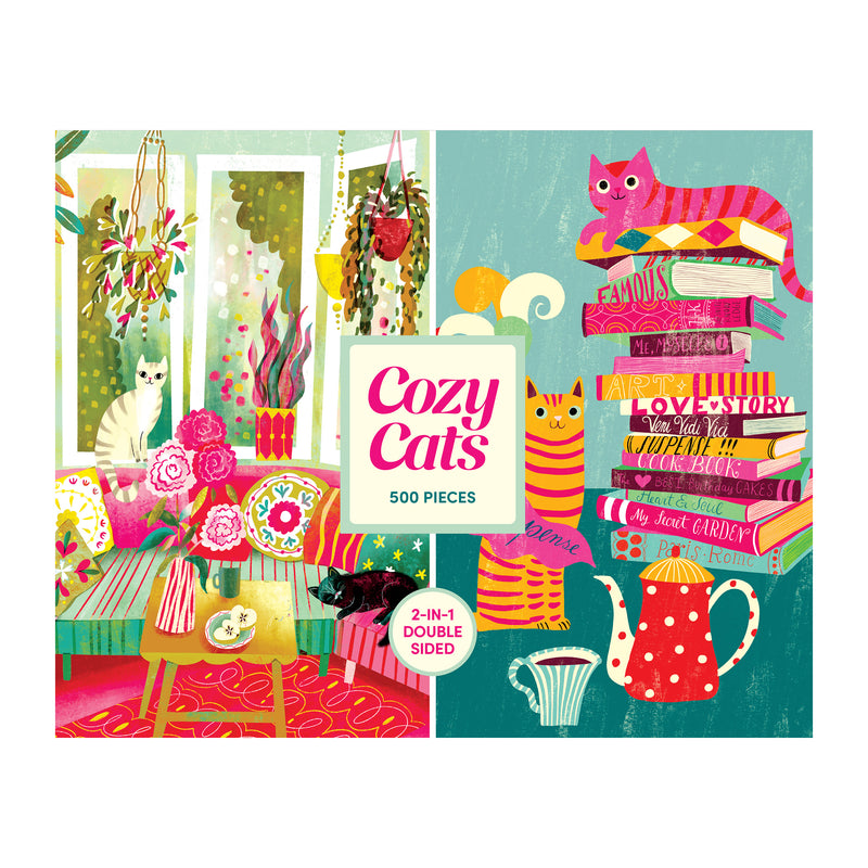 Colorful living room illustration with cozy cats, flowers, and books on the ROSEART - DOUBLE SIDED - COZY CATS - 500 PIECE JIGSAW PUZZLE box.