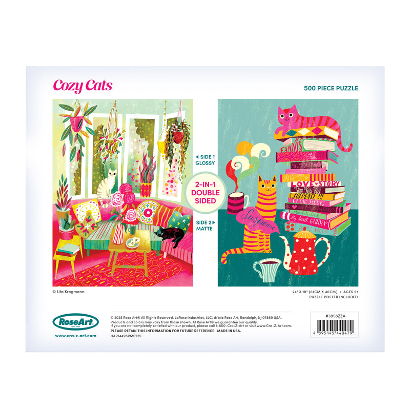 Back of ROSEART DOUBLE SIDED COZY CATS 500 PIECE JIGSAW PUZZLE box: two cozy cats—one among plants, one with books and a cup. Double-sided puzzle offers twice the feline fun!.