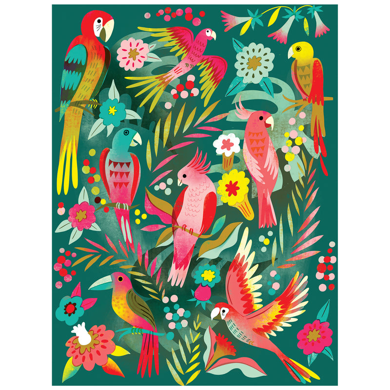 ROSEART Double Sided Birds Butterflies and Blooms 500 Piece Jigsaw Puzzle features vibrant parrots, tropical birds, butterflies, and colorful flowers on a green background for a delightful puzzle experience.