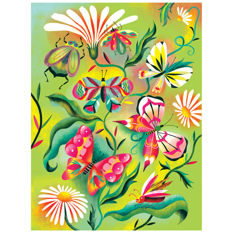 Bright birds, butterflies, and vivid blooms fill this ROSEART Double Sided 500 Piece Jigsaw Puzzle, featuring colorful foliage and cheerful flowers on a lively background.