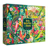 The ROSEART Double Sided Birds Butterflies and Blooms 500 Piece Jigsaw Puzzle features vibrant illustrations of birds, butterflies, and flowers in lively greens, pinks, and yellows.