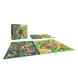 ROSEART Double Sided 500 Piece Jigsaw Puzzle—Birds, Butterflies and Blooms—shown completed with box and reference sheet; features vibrant nature designs on a green background.