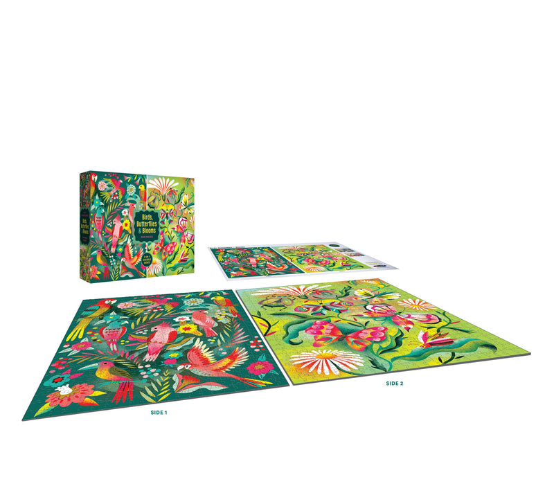 ROSEART Double Sided 500 Piece Jigsaw Puzzle—Birds, Butterflies and Blooms—shown completed with box and reference sheet; features vibrant nature designs on a green background.
