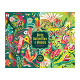 The ROSEART Double Sided 500 Piece Jigsaw Puzzle features colorful parrots and flowers on one side, butterflies and blooms on the other. Text reads "Birds, Butterflies & Blooms, 500 piece.