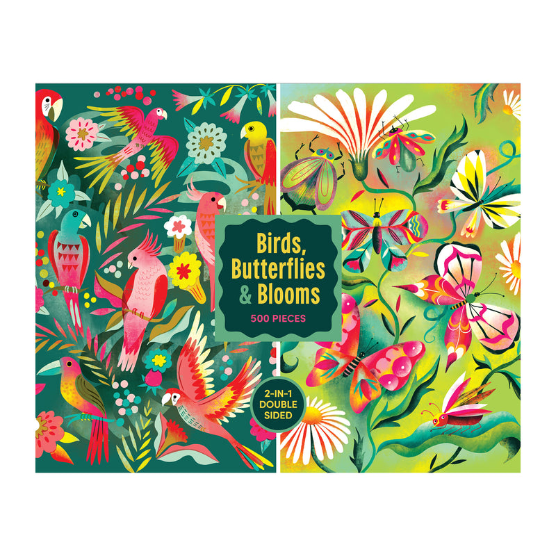 The ROSEART Double Sided 500 Piece Jigsaw Puzzle features colorful parrots and flowers on one side, butterflies and blooms on the other. Text reads "Birds, Butterflies & Blooms, 500 piece.