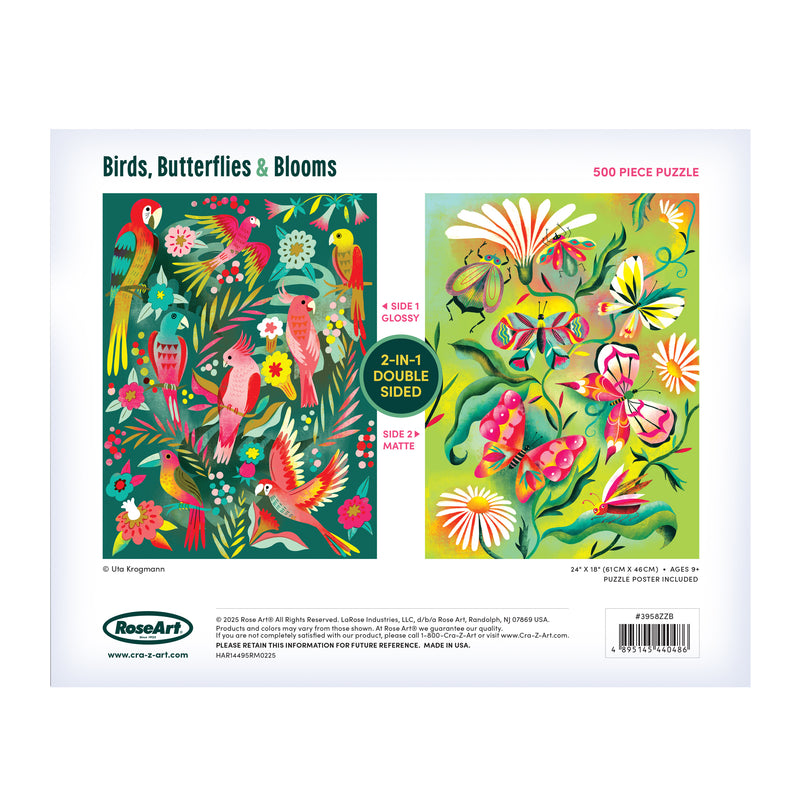 The ROSEART Double Sided Birds Butterflies and Blooms 500 Piece Jigsaw Puzzle features vibrant birds on green and butterflies on yellow, perfect for fans of colorful nature puzzles.