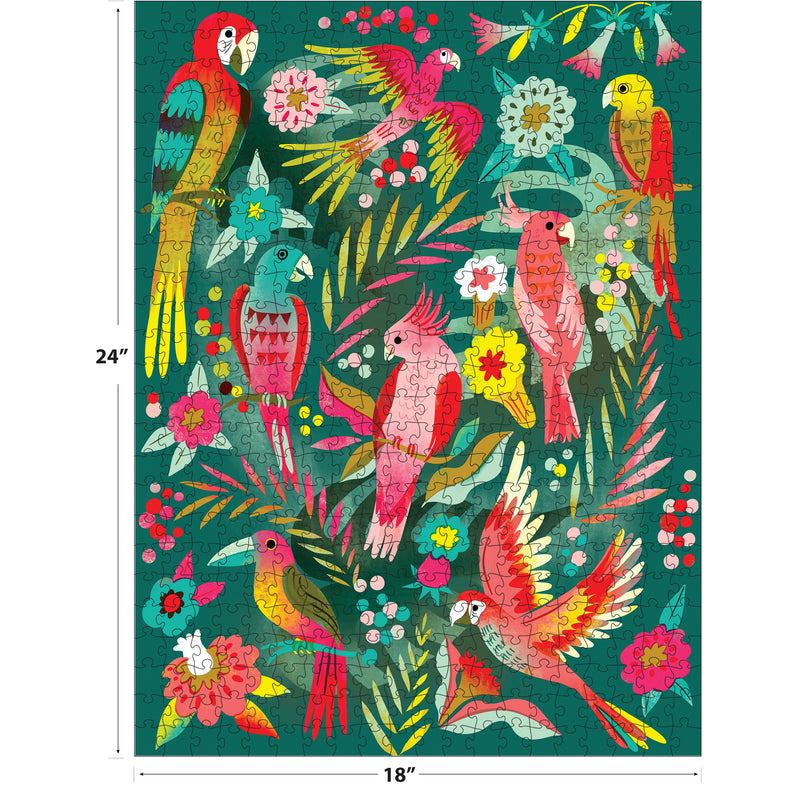 The ROSEART Double Sided Birds Butterflies and Blooms 500 piece jigsaw puzzle features colorful parrots, butterflies, and tropical flowers on a green background as a completed 18x24 inch puzzle.